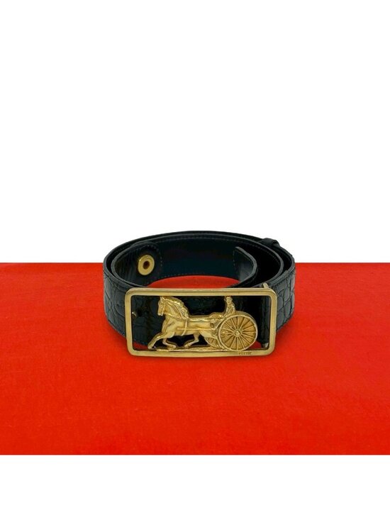 Celine Vintage Horse Carriage Logo Buckle Leather Belt Black main image 6